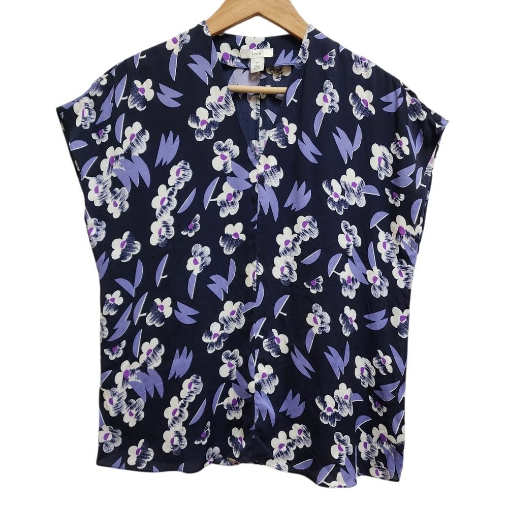 Lewit Floral V Neck Cap Slv Top Women XS Blue White Viscose Pullover Lightweight